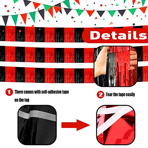 Image of 6 Pack 10 Feet Black Red Foil Fringe Garland Metallic Tinsel Streamers Banner Wall Hanging Curtain Backdrop Banner for Parade Floats, Thanksgiving, Christmas, Birthday, Halloween Party Decorations