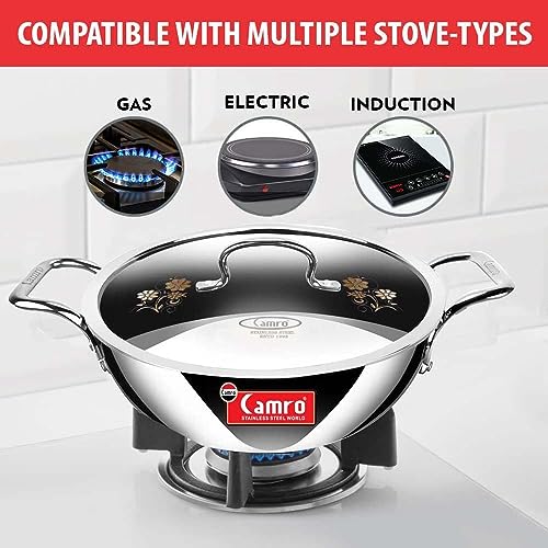 Image of Camro Triply SAS Metal Artisian Kadhai with Lid 30 cm, 5.1 LTR (16 No) | Food Grade Stainless Steel | Easy to Cook | 35+ Years of Quality and Innovation