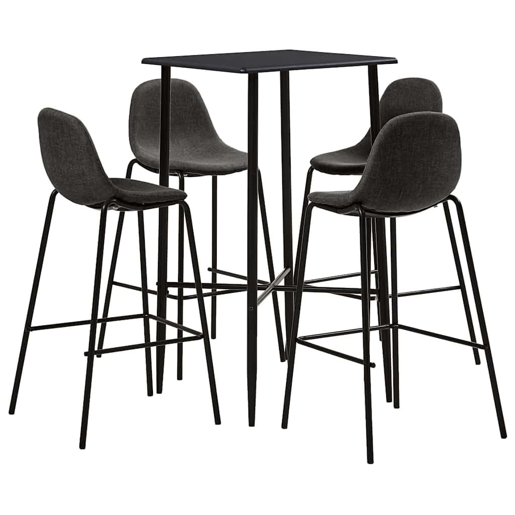 Juego de 5 barras de tela gris oscuro con estructura de acero pulverizado y tablero de fibra de densidad media de 60 x 60 x 111 cm, 4 sillas de bar con asiento ergonómico y reposapiés para