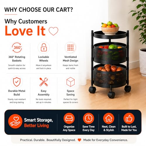Image of Homeor 2 Layer Kitchen Trolley with Wheels | 360 Rotating Metal Storage Rack for Vegetables, Fruits, Onion & Spices | Round Multipurpose Kitchen Organizer Stand | Metal Kitchen Trolley, Matte Black