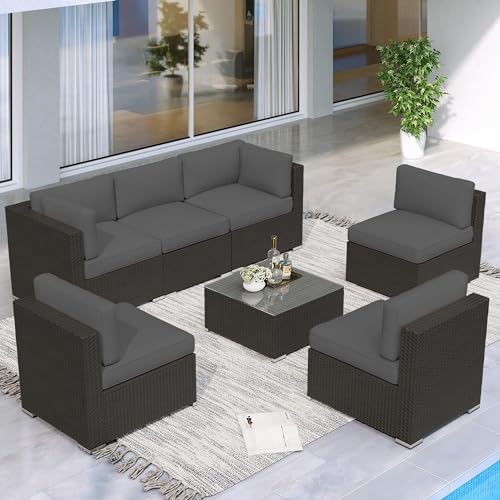 Crownland 7-Piece Outdoor Patio Furniture Sets, All-Weather Black Wicker Rattan Sectional Sofa, Modern Glass Coffee Table and Washable Seat Cushion with YKK Zipper (Grey) - Thumbnail 7