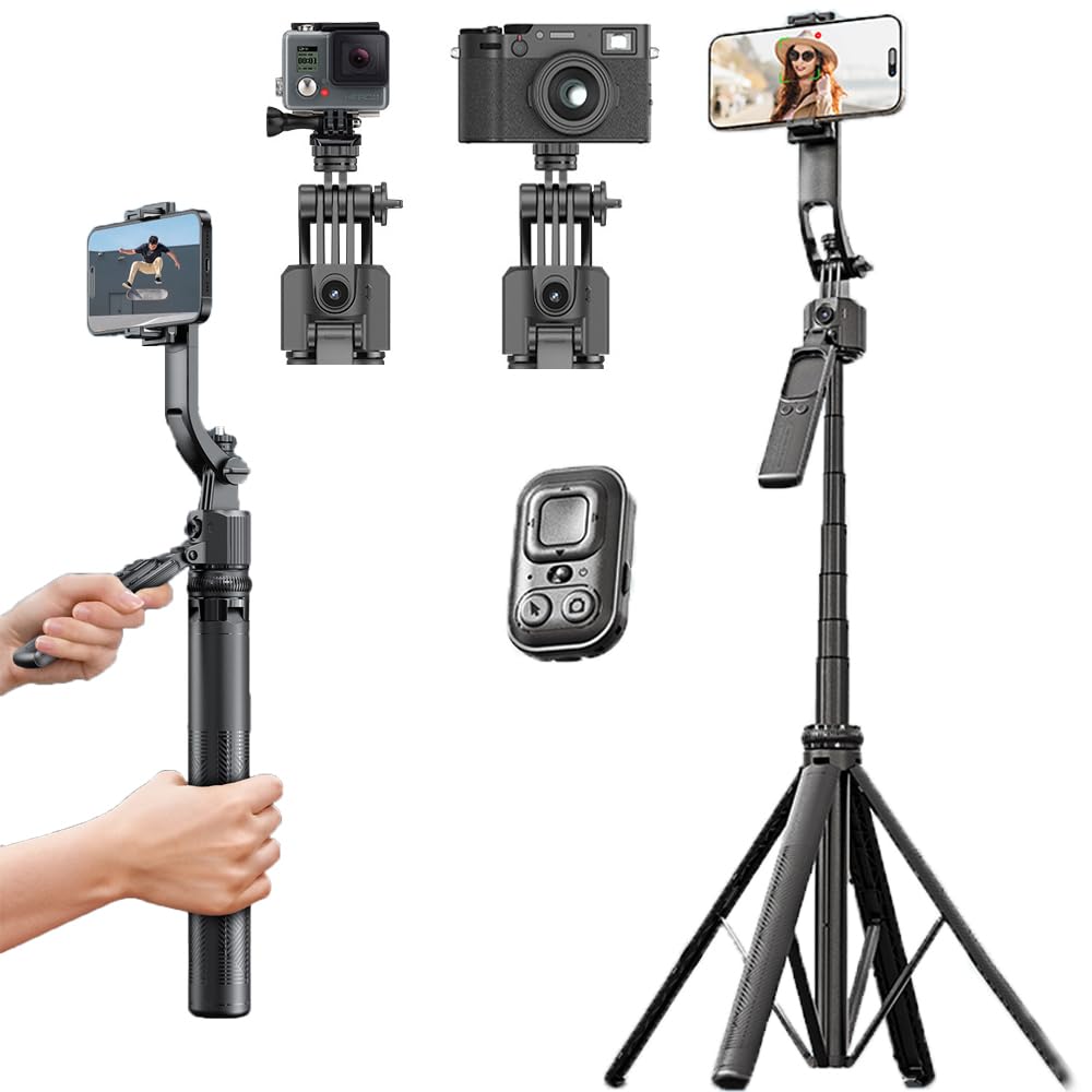 BSLVWG Stabilisateur de cardan pour smartphone avec suivi du visage, support pliable et portable, trépied portable pour iPhone et Android, rotation infinie à 360°, extensible jusqu'à 160 cm