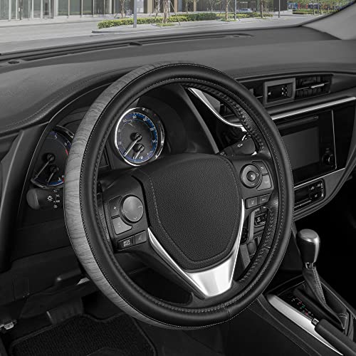 Motor Trend SoftTouch Wood Grain Steering Wheel Cover for Cars - Standard 15 Inch Black Faux Leather Car Steering Wheel Cover with Gray Wood Trim, Fits Auto Truck Van SUV