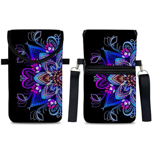 Image of Neoprene Cell Phone Sleeve Pouch Case Bag with Crossbody Strap Neck Lanyard for Women 7.5 X 4.3 in Blue Flower