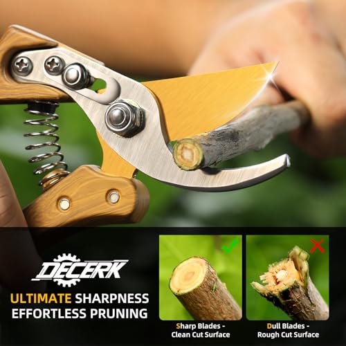 Image of DECERK 8.5 inch Premium Bypass Pruning Shears - Wood Grain Finish with Gold Titanium Blade, Japanese SK5 Steel, Balanced Ergonomic Handle for Precise Garden Trimming, Timeless Gardening Companion