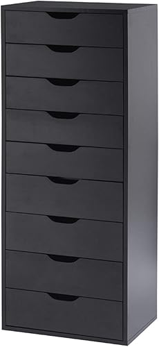 Naomi Home Bianca - Cómoda alta y estrecha de 9 cajones, gabinete de almacenamiento compacto de 13.8 pulgadas de ancho negro con cajones de