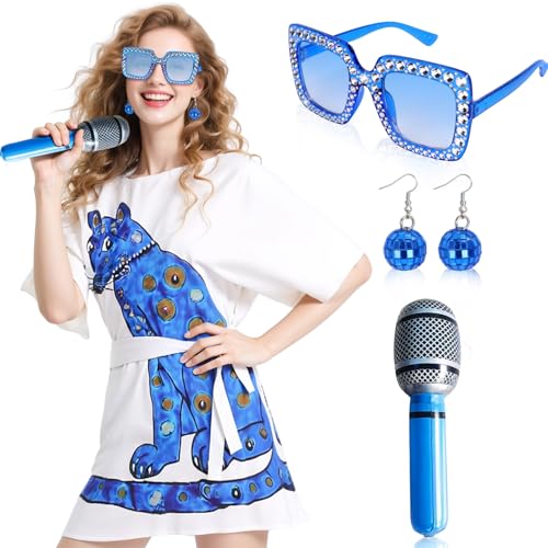 Kyndara 4Pcs Abba Costumes for Women 70s Disco Fancy Dress Kit with 70s Vintage Dress Glasses Disco Ball Earrings Inflatable Microphone for Girls Theme Party Birthday Dance (Style-2 S)