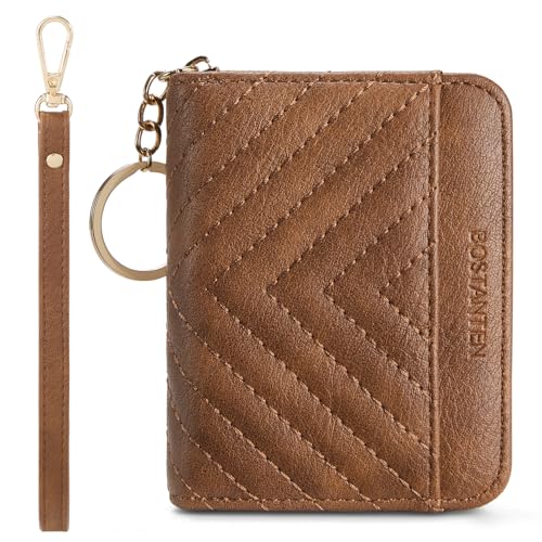 Image of BOSTANTEN Credit Card Holder Wallet RFID Blocking Leather Small Wallet for Women Zipper Keychain Wallet with Wristlet Brown