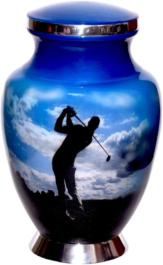 Cremation Urn, Burial Urns. Lovely Golfer Golf Design. Large Size 26 cms high, with Velvet Bag, Lovely Blue Colour