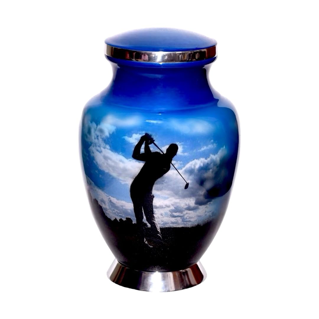 Photo 1 of Akanksha Arts Cremation Urn, Burial Urns. Lovely Golfer Golf Design. Large Size 26 cms high, with Velvet Bag, Lovely Blue Colour