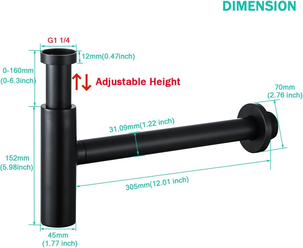 Matte Black Bottle P Trap Classical Round Sink Bathroom Waste Pipe 1 1/4 inch Slip Inlet Drain Tube Kit Adjustable Height Bathroom Basin Sink Waste Drain Kit