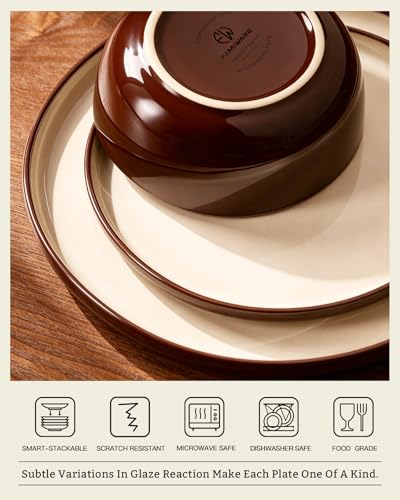 Image of Famiware Milkyway Stoneware Dinnerware Set, 24-Piece, Double Reactive Glaze, Plates and Bowls, Service for 8, Microwave and Dishwasher Safe, Scratch-Resistant, Light khaki & Cocoa
