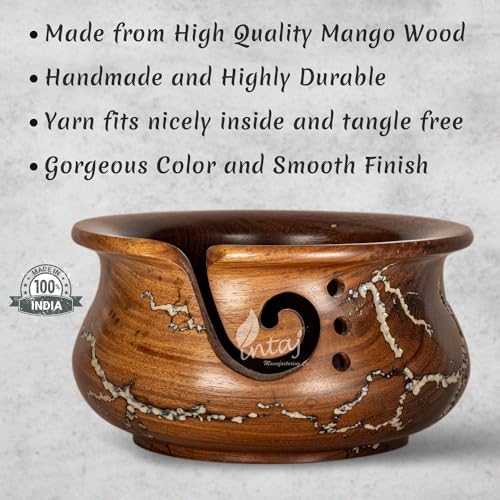 Image of INTAJ Wooden Yarn Bowl for Knitting and Crochet, 7 Inch No-Snag Holder