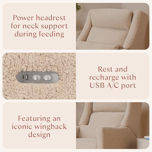Image of Babyletto Kiwi Plus Electric Recliner Glider in Chai Shearling | GREENGUARD Gold & CertiPUR-US Certified - Power Recliner Rocking Nursery Chair w / USB Ports - 270 Swivel