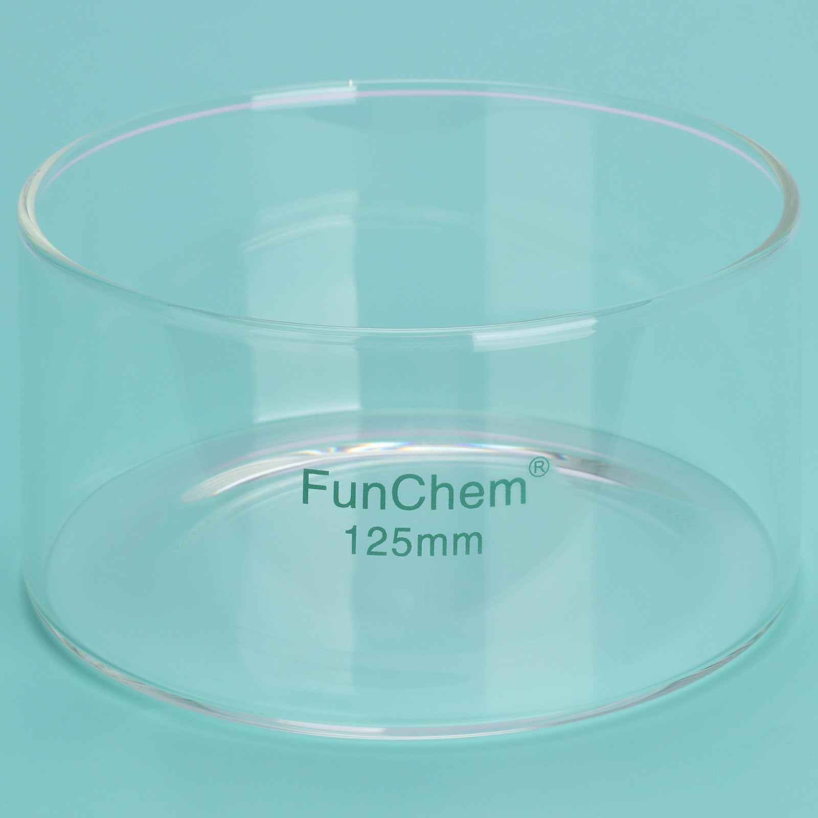 FunChem Kristallisierschale Aus Borosilikatglas Ohne Ausguss für Verdampfung Und Kristallisation, Außendurchmesser 125 Mm, 500 ml Laborkristallisator mit Flachem Boden