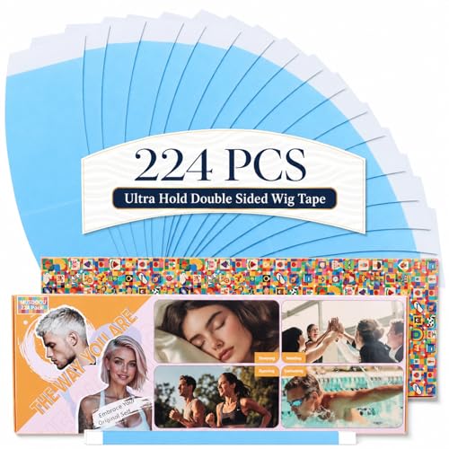 MUSDOOU 224pcs Wig Tape Double Sided Ultra Hold Waterproof Lace Front Tape for Wigs Strong Hold Adhesive Tape for Lace Wigs Toupee & Hair Extensions Blue Wig Tape Strips Easy to Apply & Remove