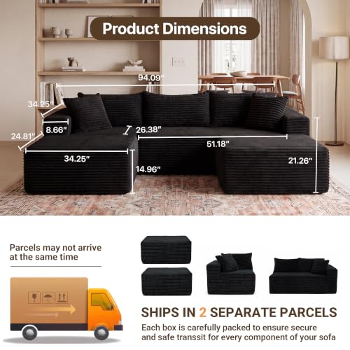 Image of Claiks 94 inch Boneless Couch, U-Shape Corduroy Sectional Sofa, Black