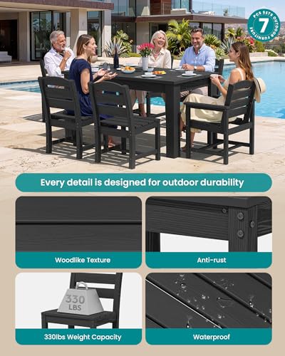 Image of SERWALL 59 inch Outdoor Dining Set for 4, w / 1 Table & 4 Armless Chairs, Black | Armless Patio Dining Sets for All Weather Use