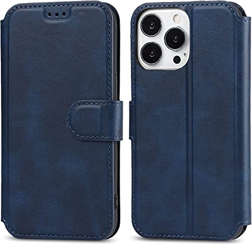 Funda para iPhone 14 Pro de cuero azul que evita arañazos con tapa magnética y soporte