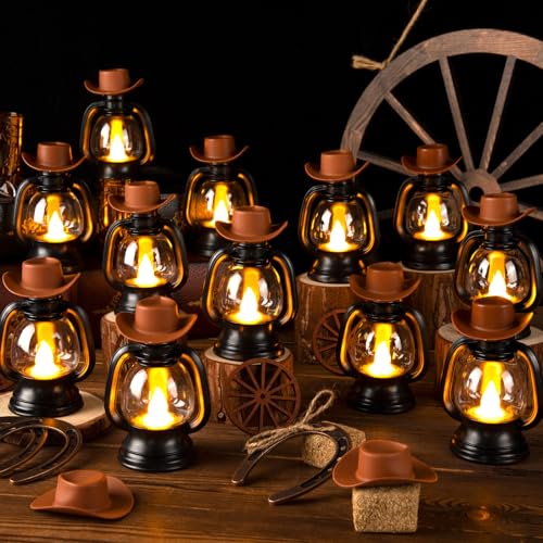 Image of 24Pcs Cowboy Theme Party Decoration, Western Cowboy Party Centerpieces, Mini Cowboys Hat Lantern Horseshoe Wagon Wheel Hay Bales for Western Wedding Birthday Vintage Ornament Decor