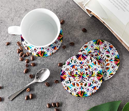 Set Of 6 Round Leather Coasters With Holder For Bar, Drinks, Coffee (Mexican Otomi Style Pattern) #TOP2