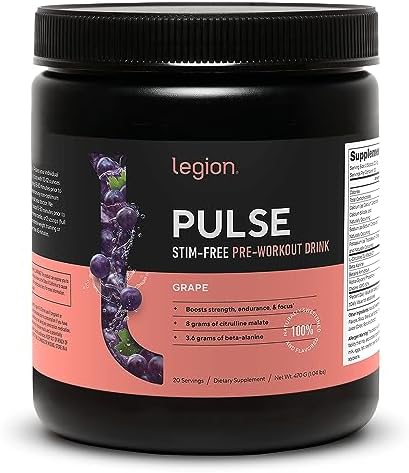 LEGION Pulse Pre Workout Supplement - All Natural Nitric Oxide Preworkout Drink to Boost Energy, Creatine Free, Naturally Sweetened, Beta Alanine, Citrulline, Alpha GPC (Caffeine Free Grape)