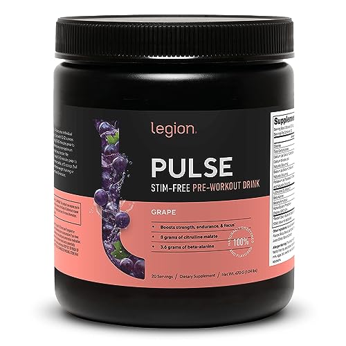 LEGION Pulse Pre Workout Supplement - All Natural Nitric Oxide Preworkout Drink to Boost Energy, Creatine Free, Naturally Sweetened, Beta Alanine, Citrulline, Alpha GPC (Caffeine Free Grape)
