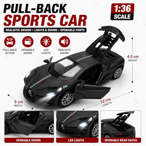 Image of Bugatti Die-Cast Toy Car for Kids - 1:36 Scale Pull Back Metal Model Car with Openable Doors, LED Lights & Music | Alloy Mini Car for Kids, Boys & Collectors【Color As Per Stock】