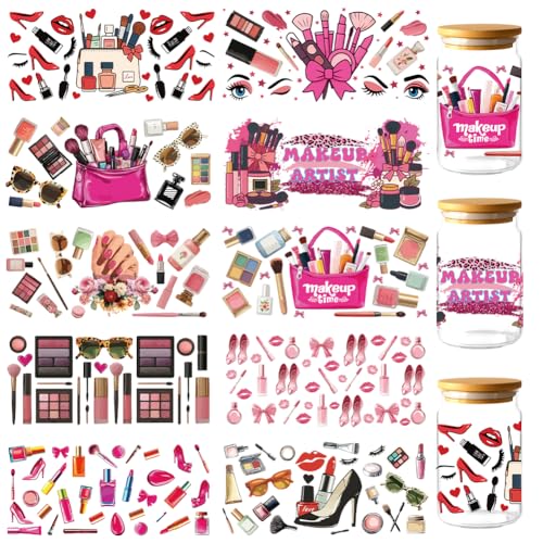 GOMAKERER 10 Sheets Makeup Theme UV DTF Cup Wraps, Lipstick Blush Brushes Cosmetics Rub on Transfer Decals PVC Waterproof Cup Transfer Stickers for DIY Bottles Drink Jam Cake Container