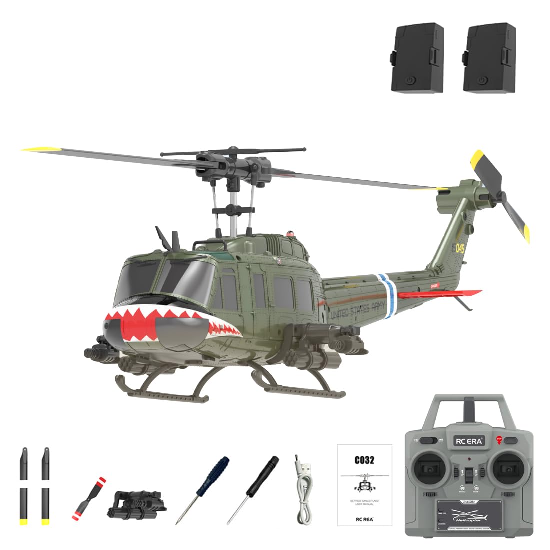 RC ERA C032 UH-1 Huey RC Helicopters Toys for Adults Beginners, 1/48 Scale 6CH 2.4G 6-Axis Gyro Stabilized Aircraft Brushless Flybarless Helicopter Model (RTF / 2 Battery)