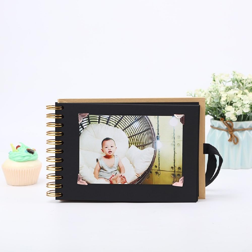 Album photo à personnaliser - 21 x 15 cm - 60 pages - Papier noir - A5 - Mini album pour enfants à coller - Livre de souvenirs à spirales - Pour bébé, Saint-Valentin, anniversaire - Noir