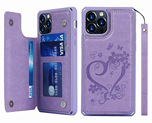 iCoverCase Compatible with iPhone 12 Pro Max Wallet Phone Case with Card Holder for Women RFID Blocking Embossed PU Leather Wrist Strap Case 6.7 Inch (Heart Purple)