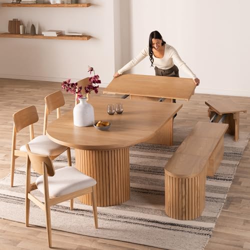 Image of Transformer Round Extendable Dining Table - Solid Wood Expandable Table for 4 to 8, Modern Space-Saving Kitchen & Dining Room Furniture with Hidden Storage (Natural Oak, Table + 4 Chairs + Bench)