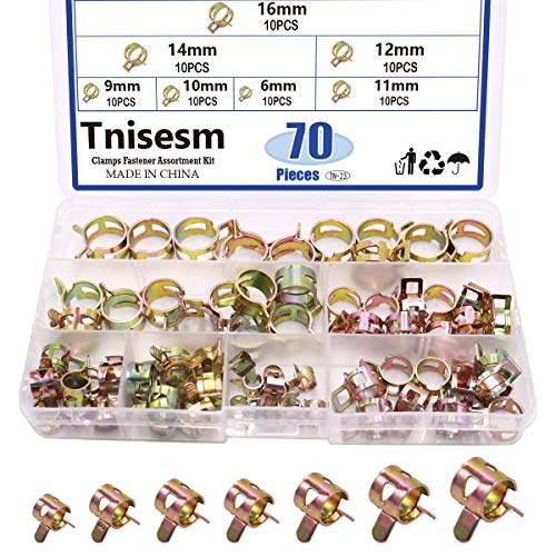 Image of Tnisesm 70 Pcs Spring Band Type Action Pipe Clamp, Air Hose Tube Water Pipe Fuel Pipe Silicone Vacuum Hose Clamp Fasteners Assortment Kit(6mm, 9mm, 10mm, 11mm, 12mm, 14mm, 16mm) TN-23
