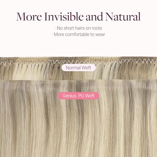 Image of GOO GOO Tape In Weft Hair Extensions Human Hair, Genius PU Long Weft Tape In Hair Extensions Real Human Hair, Silky Easy to Use, P17A /60A Ash Blonde Highlighted Platinum Blonde 24 inch 120g