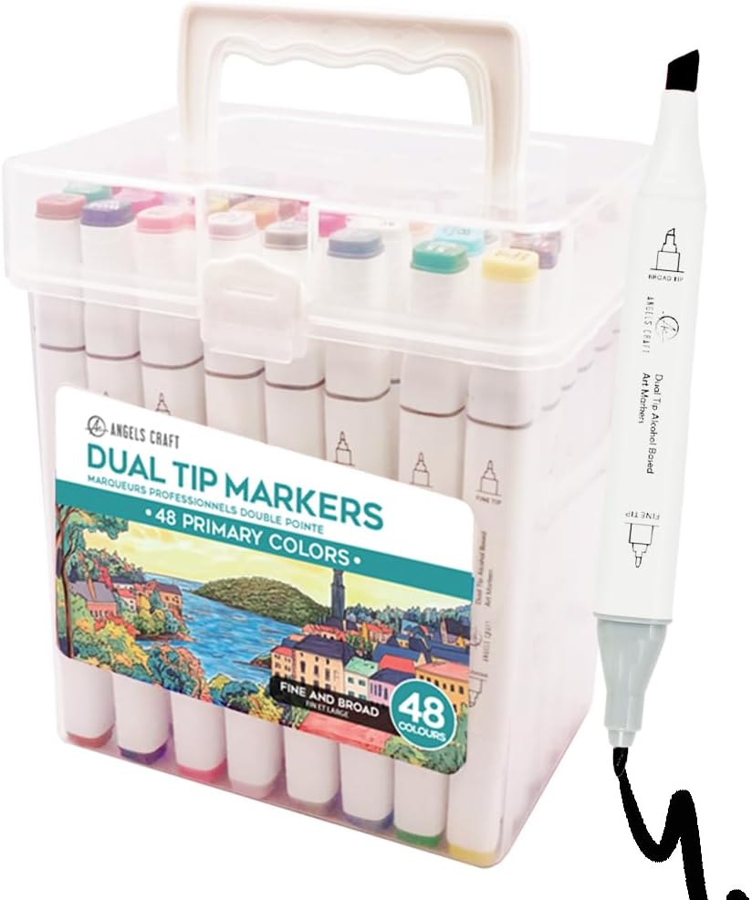 48-Piece Set of Alcohol Dual Tip Markers in Vibrant Primary Colors with Reusable Storage Case Sketch Pen for Coloring Drawing Artist Art Supplies