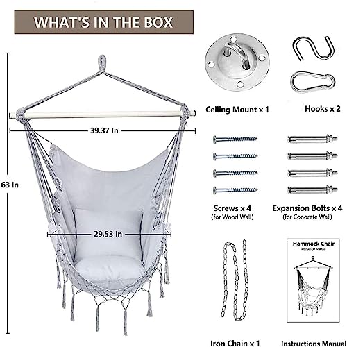 Klhamky Hammock Chair Swing With Hanging Hardware Kit- Beige, Cotton Canvas, Include & Two Seat Cushions, For Bedroom Indoor Outdoor, Max. Weight 330 Lbs (Light Grey, 59'' X 47'') #TOP1