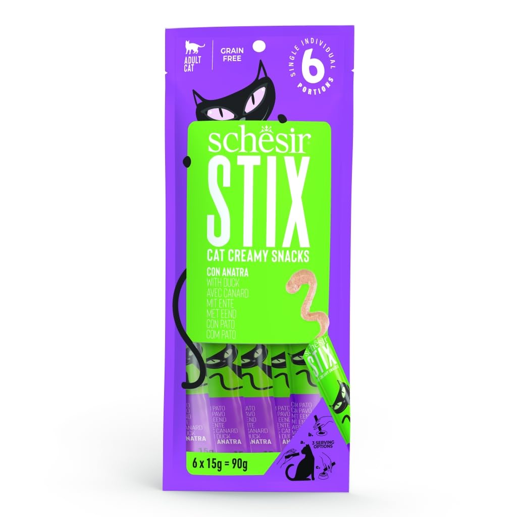 SCHESIR STIX Snack monodosis apetitosos para el Gato 12(Sobres) x6(Tubos) x15gr | 72 Tubos (Pato)
