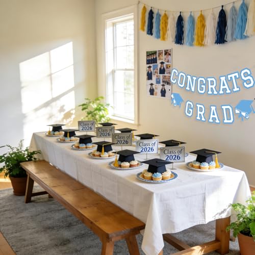 Image of Congrats Grad Banner Graduation Party Banner Decoration Hanging Garland High School College Backdrop Supplies Light Blue White