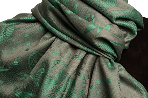 Écharpe verte femme pashmina feel châle à franges gris LissKiss - 5
