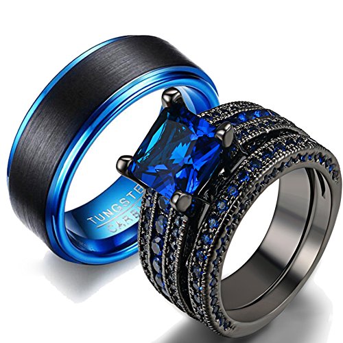 Couple Ring Bridal Set His Hers Women Black Gold Plated Blue CZ Men Stainless Steel Wedding Ring Band