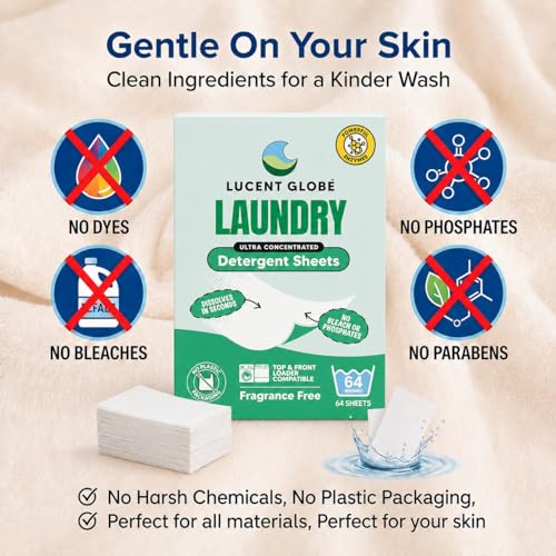 Image of Lucent Globe Laundry Detergent Sheets. Pre-Measured Laundry Sheets. Powerful Stain Removal. Works in All Clothes Washers. (1 Pack - 64 Washes, Fragrance Free)