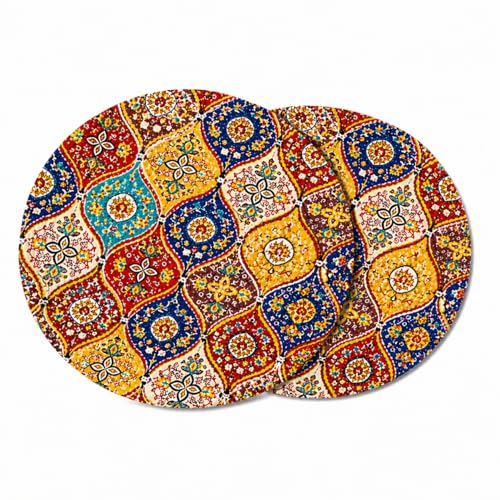 Image of Premium Round Cotton Dining Table Mats Set of 2 | Washable Heat Resistant Food Mat | Circular Dining Table Hot Plate Mats & Coaster for Hot Utensil (14-inch, Printed Mandala /Multicolour)