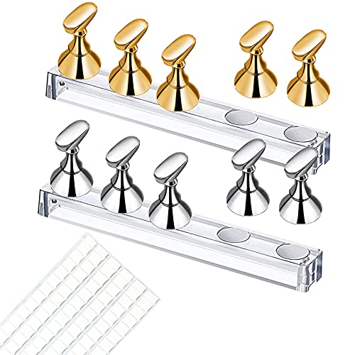 2 Juego Soportes de Práctica de Uñas de Acrílico,Punta de Uñas Magnética de Soporte,Nail Tips Stand Holder,con 90pcs Masilla Adhesiva Reutilizable Blanca,para DIY Práctica de Manicura(Oro,Plata)