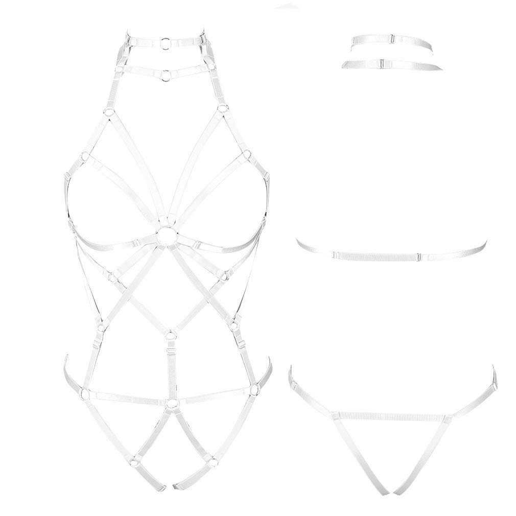 Women's Punk Body Harness Lingerie Full Waist Garter Belts Set Strappy Frame Cage Rave bras