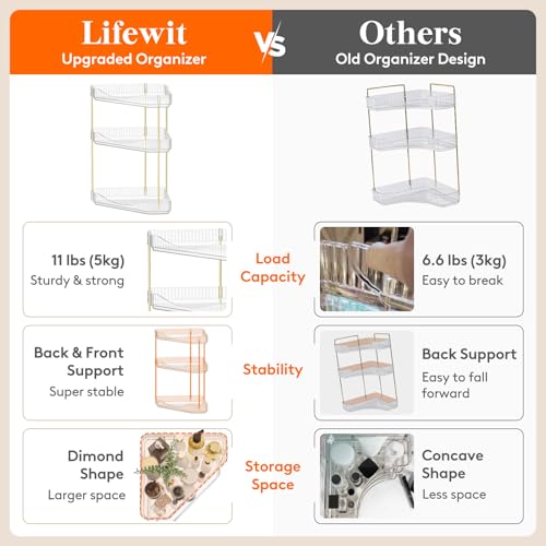 Lifewit 3-Tier Corner Bathroom Counter Organizer, Plastic Makeup Skincare Organizers Storage Countertop, Sink Vanity Trays Perfume, Cosmetic Shelf in Bedroom, Dresser, Kitchen (Clear)