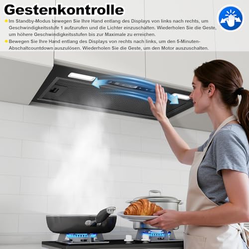 KICHPOWER Einbau Dunstabzugshaube 52cm, 750m³/h, Dunstabzugshaube Abluft/Umluft, Schwarz Abzugshaube, Gestensteuerung & Touch, 3 Leistungsstufen und Booster, mit Aktivkohlefilter und Rauchrohr