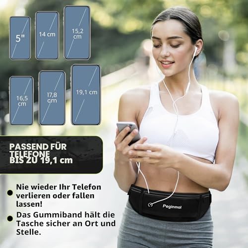 PEGINMOL Laufgürtel für Handy, Lauftasche Jogging Wasserdicht, Läufer-Hüfttasche für Damen und Herren mit 3 Taschen, Großer Kapazität Sportgürtel Verstellbarem Running Belt zum Radfahren (Schwarz)