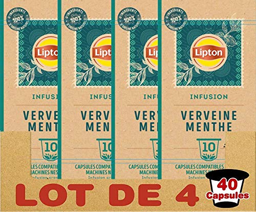 Lipton Infusion Verbena Menthe 40 Cápsulas Compatibles Nespresso, Antiestrés, Perfume Savory Menthe, Etiqueta Rainforest Alliance (Lote de 4x10 cápsulas)