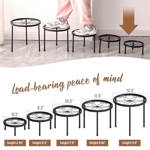 Plant Stand Indoor Outdoor 5 Pack Heavy Duty Metal Stand Multiple Plants, Anti-Rust Iron Flower Pot Stand Decoration Racks Plant Pot Shelf for Living Room Garden Balcony (Black) - Thumbnail 7